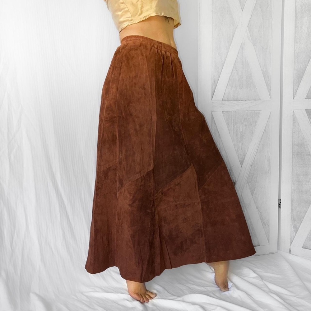 Vintage brown suede leather maxi skirt in chestnut